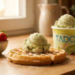 TADO Pistazien Eis auf Waffel mit frischen Erdbeeren — kreative Eis-Ideen