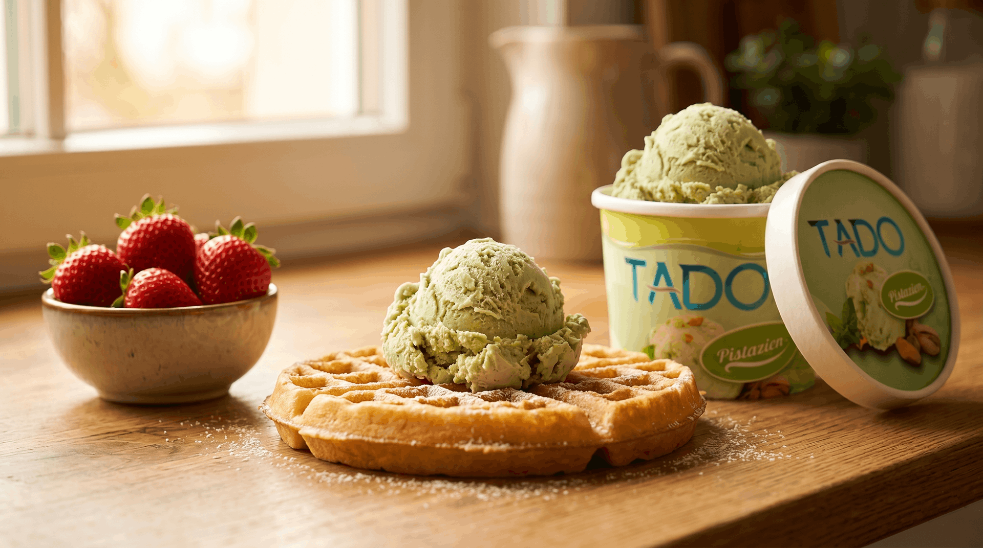 TADO Pistazien Eis auf Waffel mit frischen Erdbeeren — kreative Eis-Ideen